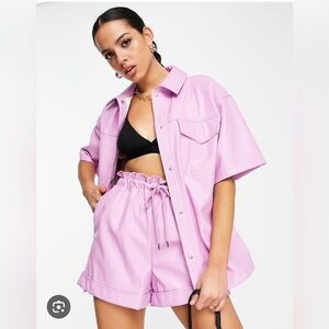 TOP SHOP pink faux leather shirt. Snap closures. Breast pocket.